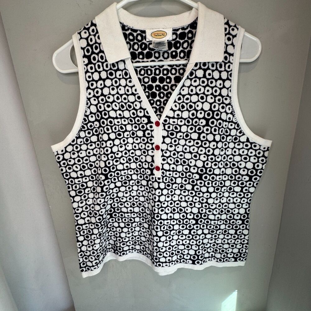 Talbots Vintage Sleeveless Knit Sweater L Blue White Collared Preppy Top